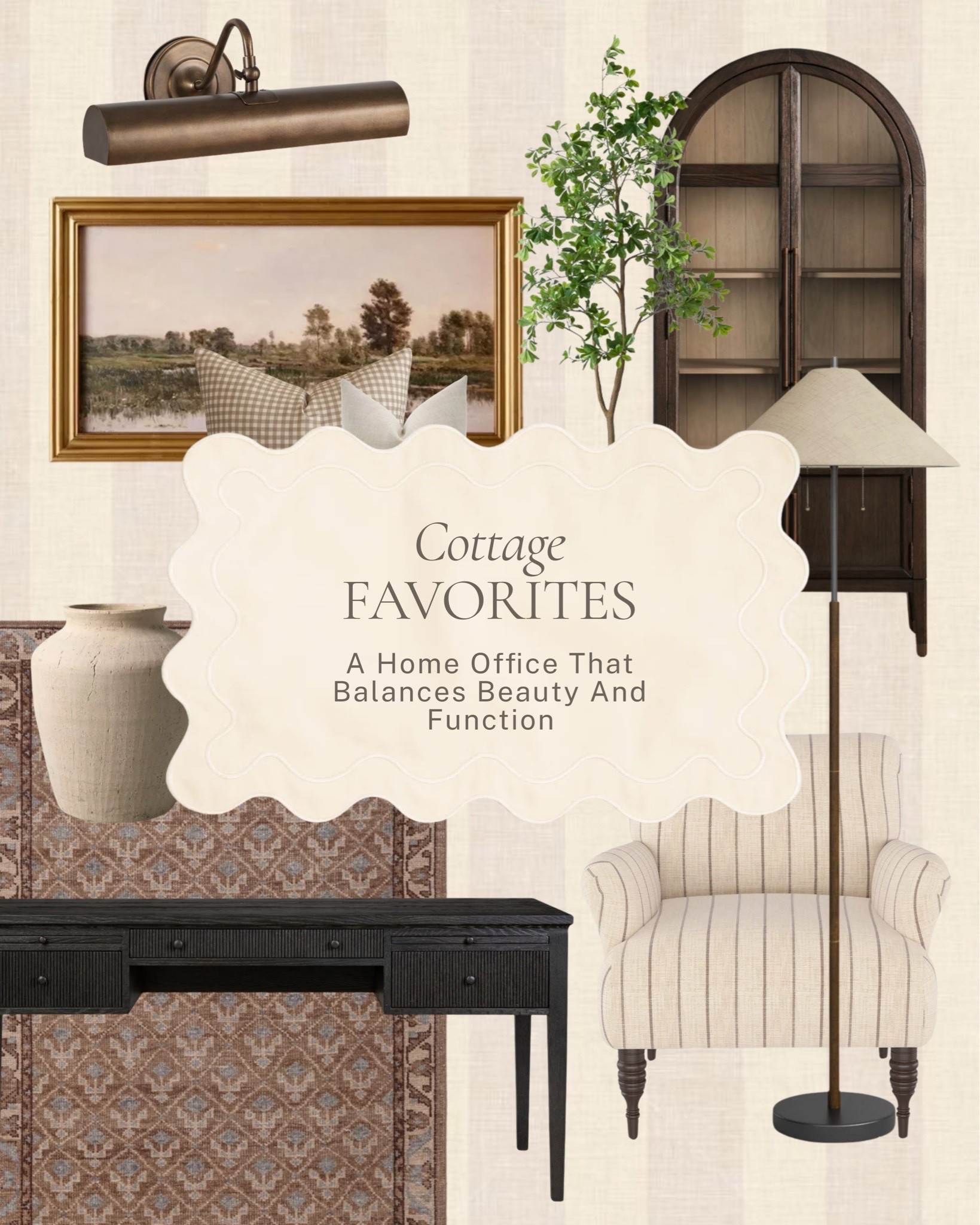 A home office that actually makes you want to sit down and work ✨ 

A fluted black desk, a striped linen chair, a dark arched cabinet, a brass picture light, a vintage landscape, a floor lamp, and all the layered details that make a workspace feel as beautiful as the rest of your home. 

All linked here 🤍 

#LTKhome