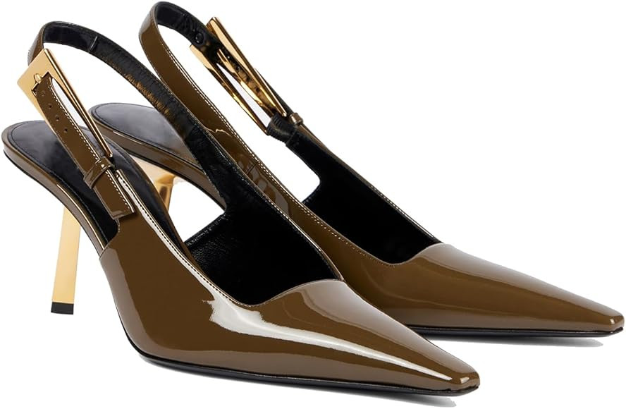 THESHY Women's Slingback Stiletto High Heels Square Toe Metal Buckle Pumps Backless Patent Leathe... | Amazon (US)