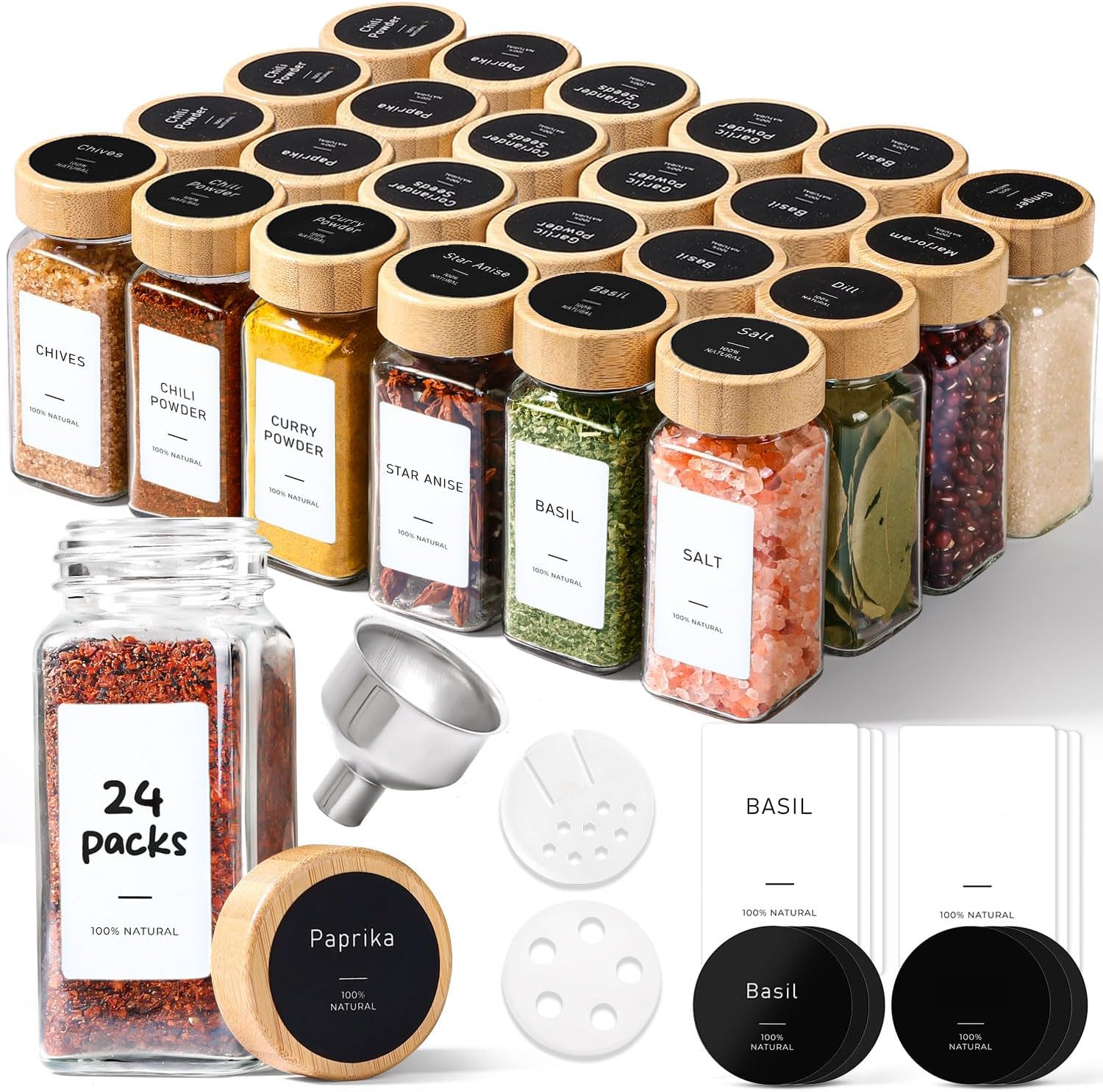 ComSaf 4 oz Spice Jars with Label 24Pcs, Glass Spice Jars with 6 Extra Shaker Inserts and 93 Labe... | Amazon (US)