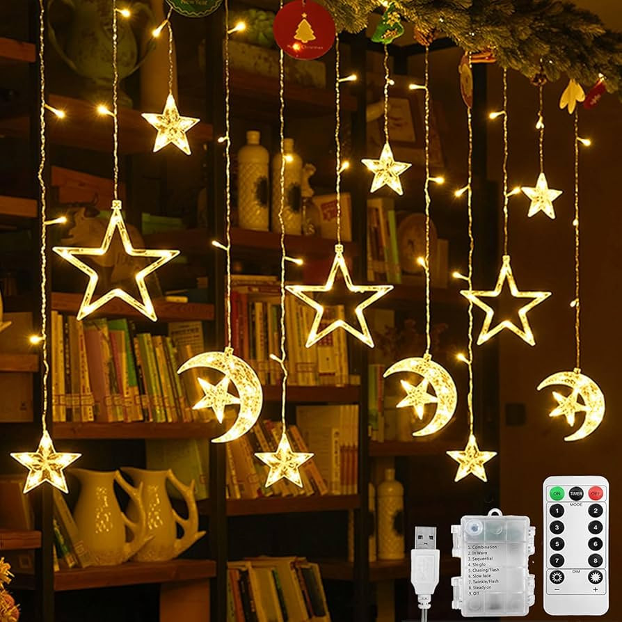 MEgegulo Stars Curtain Light，3.5M Warm White Christmas Decorations Window Lights Waterproof Dec... | Amazon (UK)
