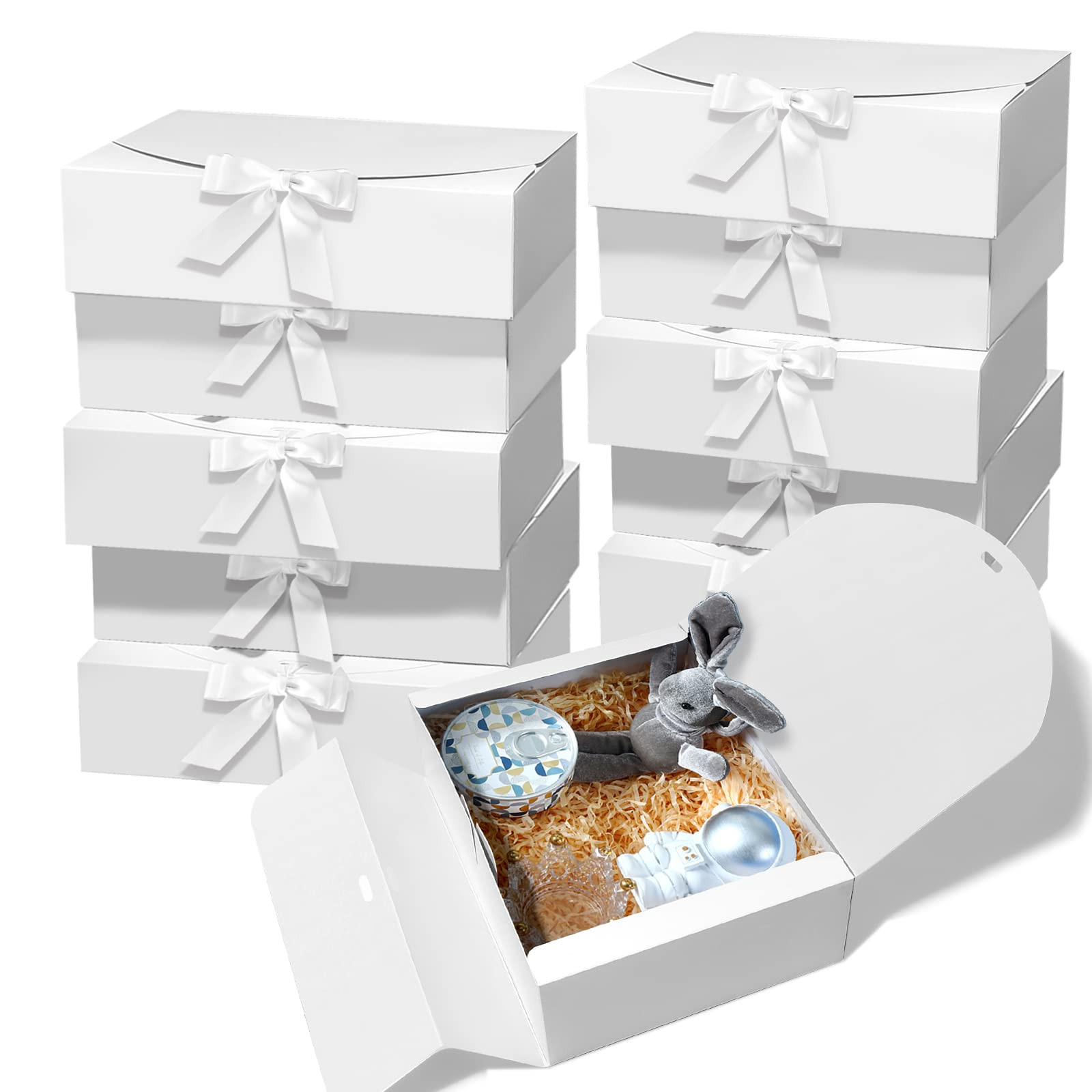 10 PCS Gift Boxes with Lids, 10.6x7.8x3.1 Inch Kraft Paper Gift Box, White with Ribbon, Bridesmai... | Amazon (US)