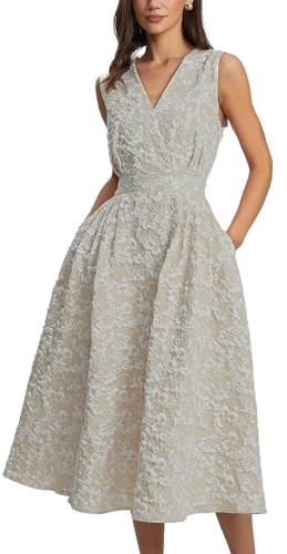 Ladyful Sleeveless Floral Jacquard Dress for Women Summer V Neck Midi Dress Elegant A Line Party Dresses with Pockets Khaki | Amazon (US)