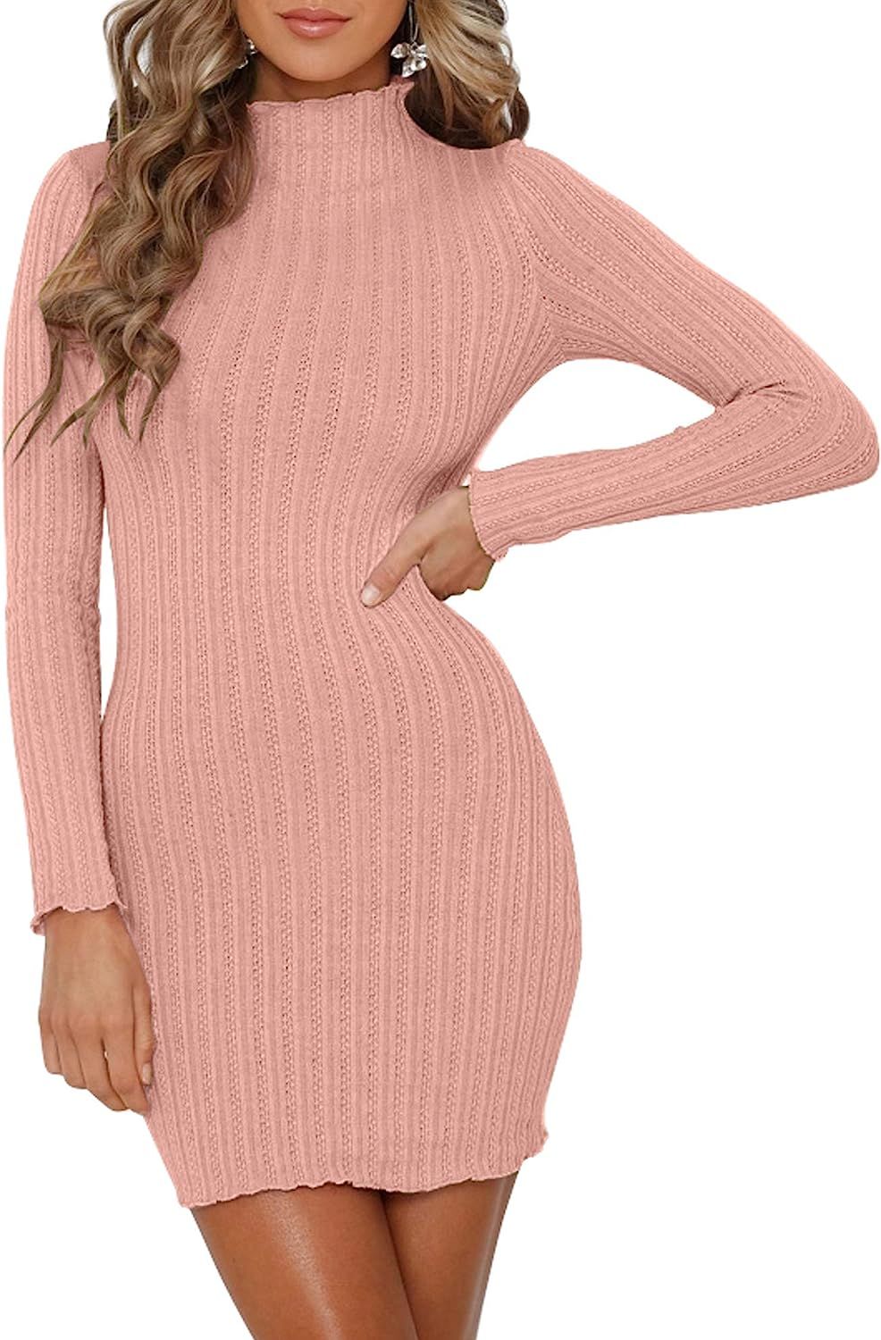 Mokoru Women's Ribbed Bodycon Club Dress Sexy Long Sleeve Mini Sweater Dresses | Amazon (US)