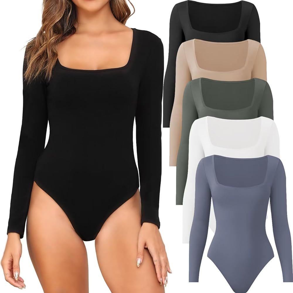 CE' CERDR 4/5 Pack Long Sleeve Bodysuits for Women Square Neck Body Suit Stretchy Tops | Amazon (US)