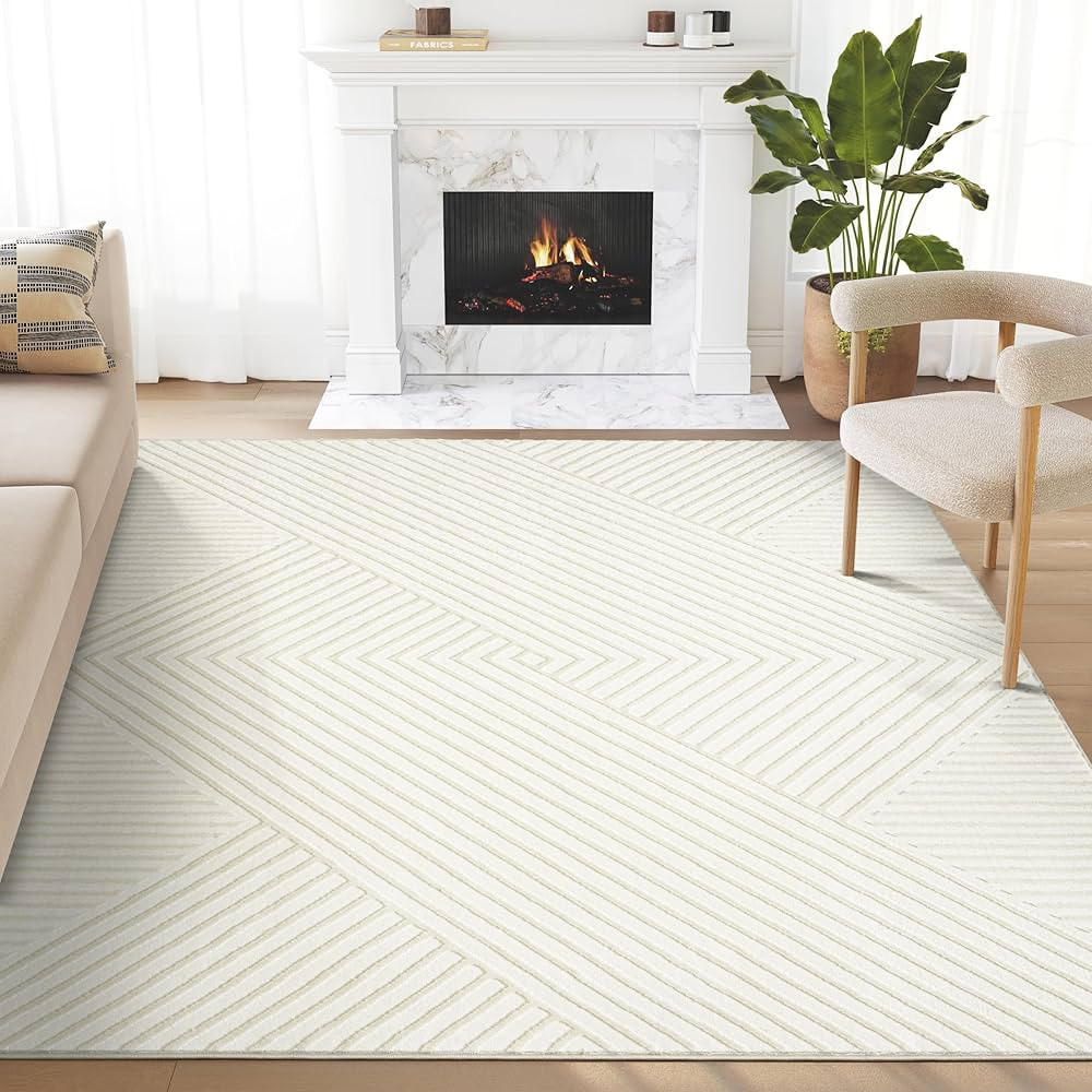 Abani Cream Area Rug for Living Room, Bedroom - Geometric Lines- 6 x 9 -Durable & Easy to Clean | Amazon (US)