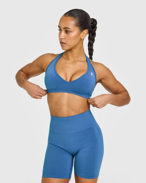 EffortlessLift™ Seamless Halter Neck Sports Bra with White Logo 
 Ocean Blue | Oner Active (UK / US)