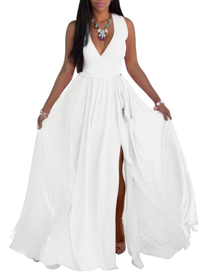 SheKiss Womens Sexy V-Neck Chiffon Long Maxi Dresses Sleeveless Split Beach Bridesmaid Flowy Sund... | Amazon (US)