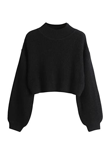 SweatyRocks Women's Long Sleeve Mock Neck Cropped Sweater Drop Shoulder Pullover Sweater Lantern Sleeve Ribbed Knit Crop Top Black S | Amazon (US)