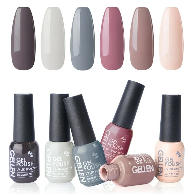 Gellen 6 Pcs Gel Nail Polish Kit - Nudes Grey Gel Polish Set Soak off LED Nail Lamp Light Nudes G... | Walmart (US)