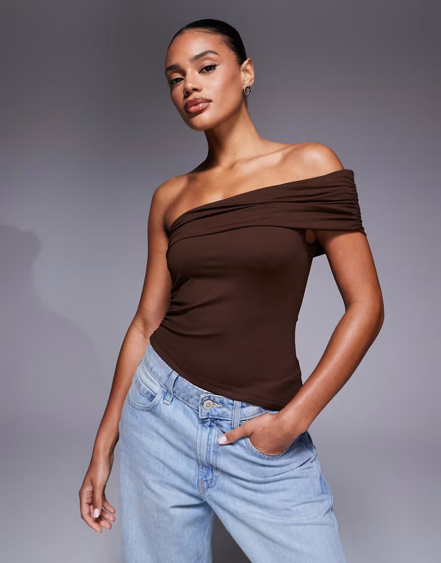 ASOS DESIGN polyamide asymmetric off the shoulder top in brown | ASOS (Global)