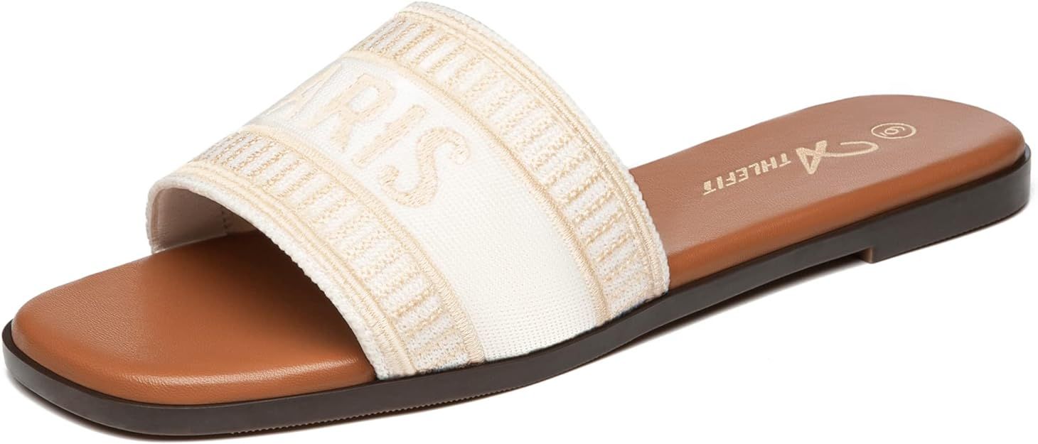 Athlefit Women's Slip On Flat Sandals Summer Embroidered Square Open Toe Slide Sandals | Amazon (US)