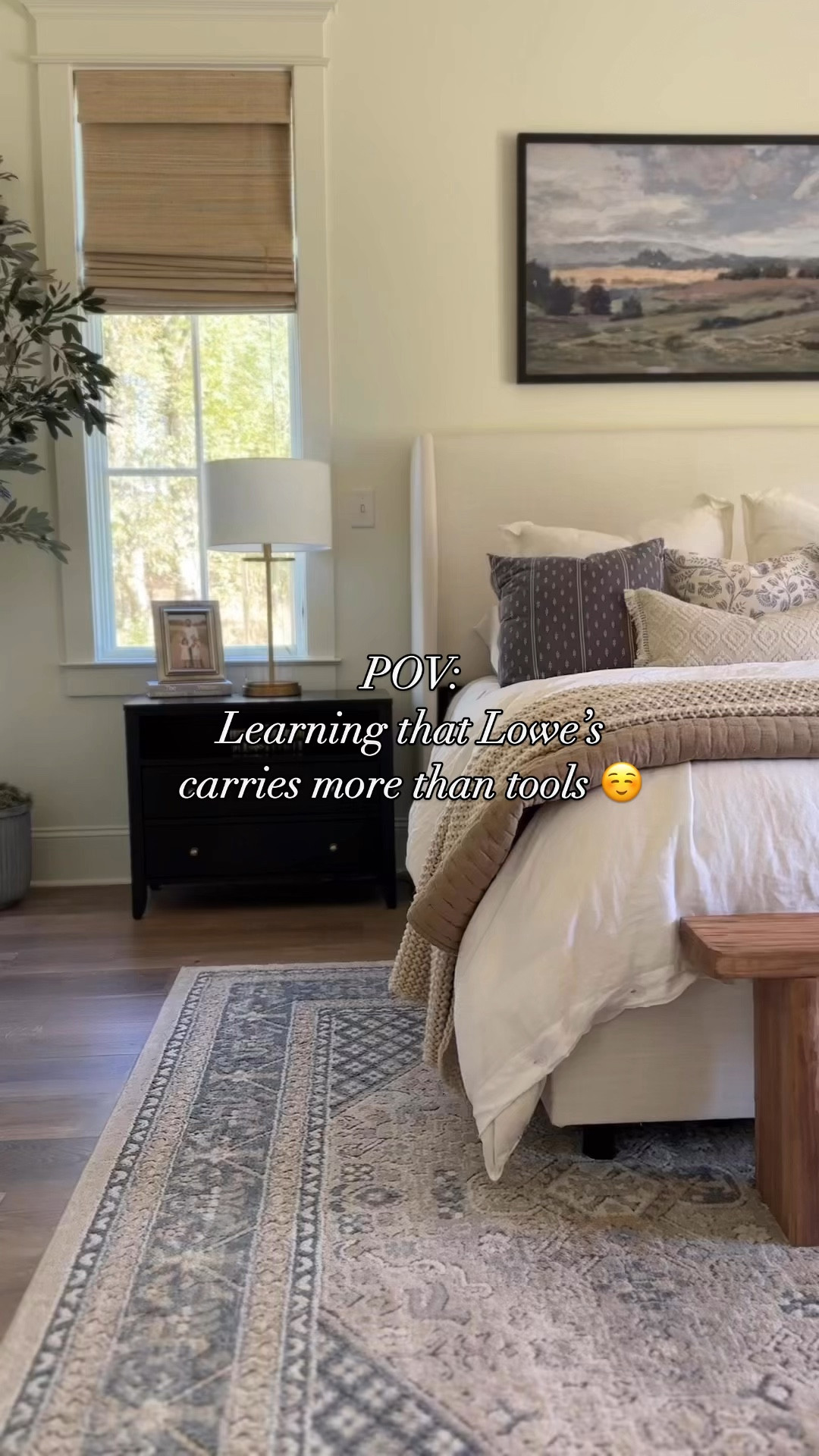 As I was looking around our bedroom, it was fun to see how many Lowe’s finds we’ve incorporated into this space! Our latest addition is these gorgeous glass lamps on our nightstands. I’d been searching for tall lamps that didn’t feel bulky, and these are just perfect!
We also added an oversized mirror, which has been such a lovely upgrade. I’ve recently shared our black nightstands with open shelving—but since I’ve swapped the hardware, and it completely elevated the look. (Message me if you want details on the hardware change!) This upholstered swivel chair is my favorite spot in our room to sit and do some work. 
And for the first time ever, we’re enjoying a full-size Christmas tree in our bedroom. 🎄 This Balsam Hill tree has been such a cozy addition, and it’s still on sale for $100 off!
#LTKCyberWeek 

#LTKSaleAlert #LTKHome