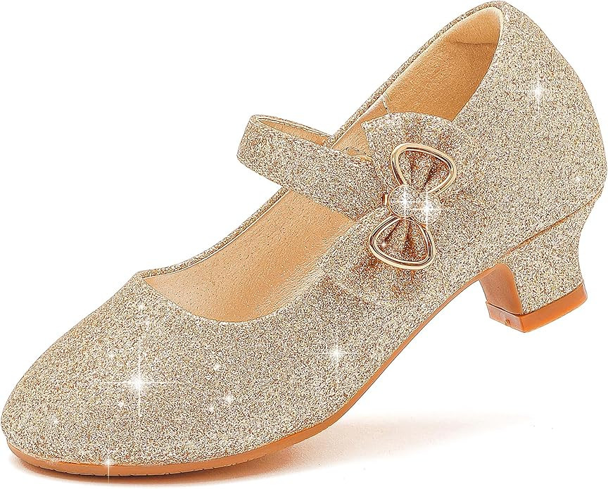 Dufannie Girls Dress Shoes Low Heel Princess Flats Mary Jane Flower Wedding Party Glitter Shoes f... | Amazon (US)