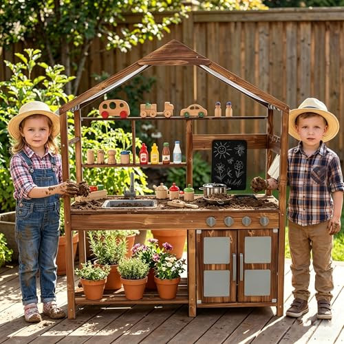 Costzon Mud Kitchen for Kids Outdoor, Wooden Pretend Play Kitchen w/Canopy, Chalkboard, Stove, Removable Sink, Cooking Accessories & Storage, Montessori Toy for Preschool, Backyard, Garden (3+ Years) | Amazon (US)