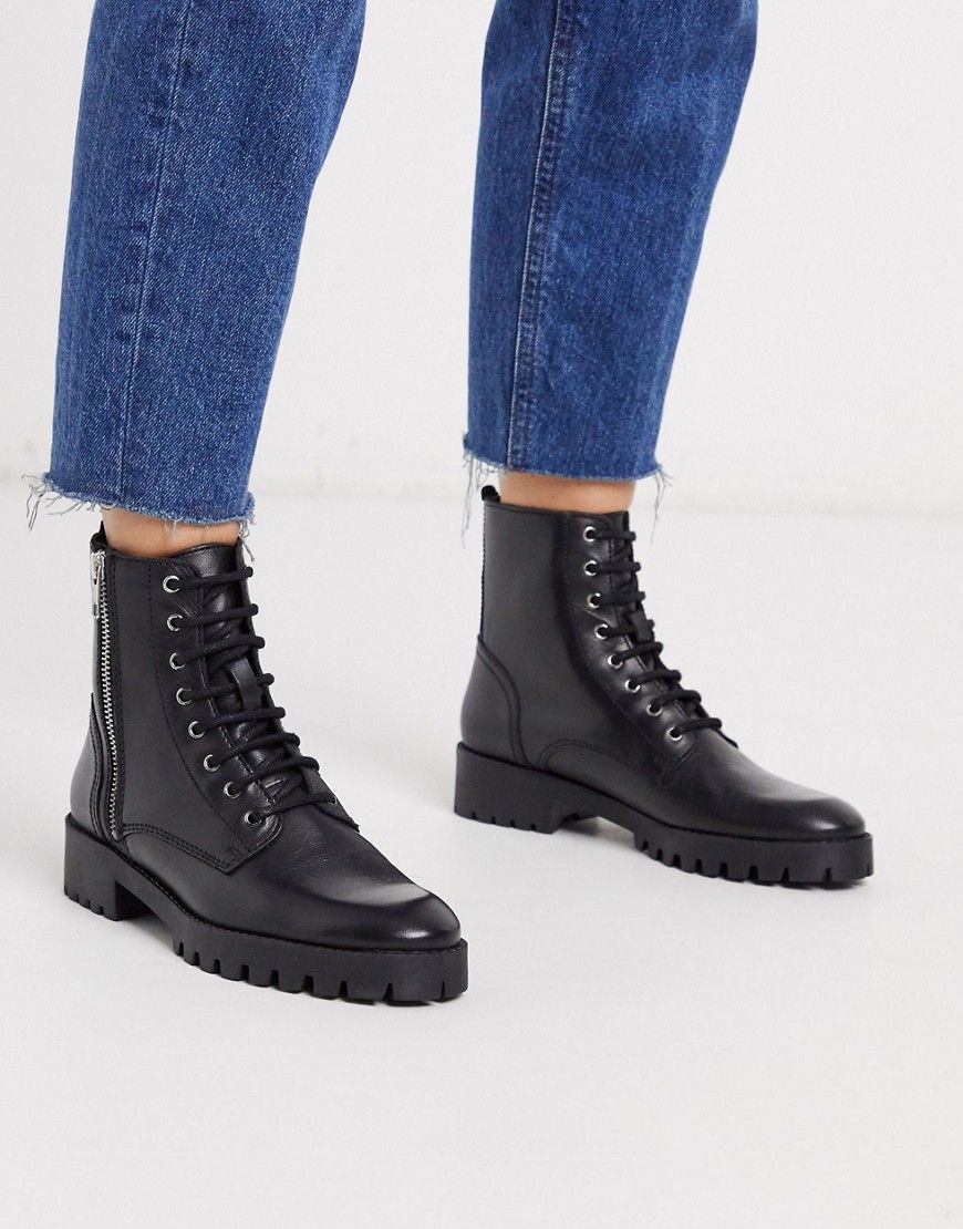 Mango lace front leather biker boots in black | ASOS (Global)