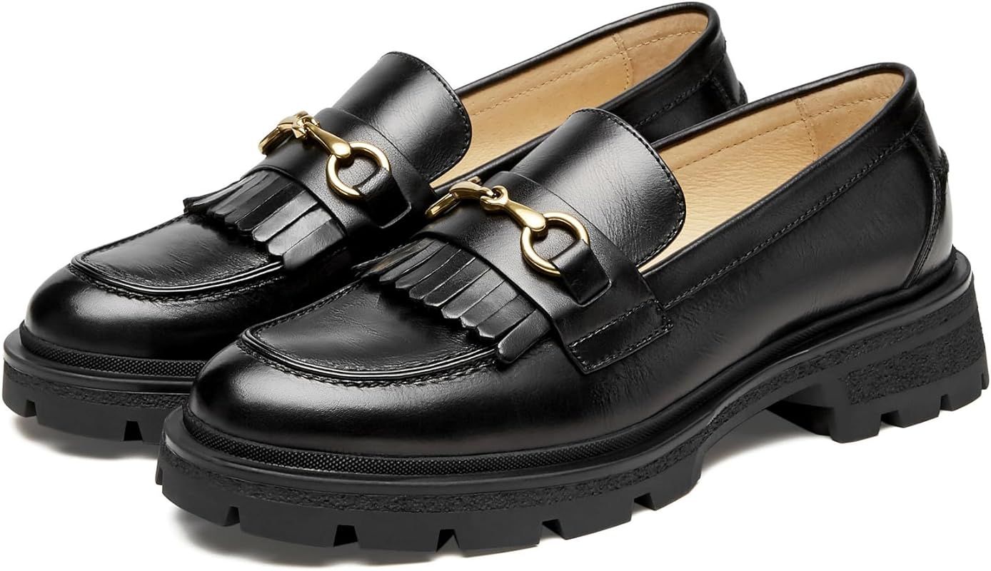 Genuine Leather Slip on Dress Shoes for Women Tassel Chunky Loafers for Women | Amazon (US)