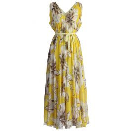 Marvelous Floral Chiffon Maxi Dress in Yellow | Chicwish
