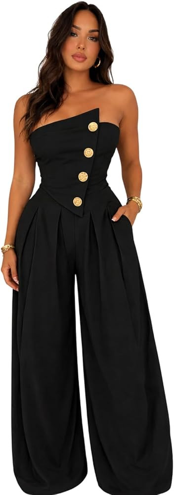 Wide Leg Tube Top Jumpsuit With Button,Strapless Jumpsuit For Women Dressy,Jumpsuit Asymmetrical ... | Amazon (US)