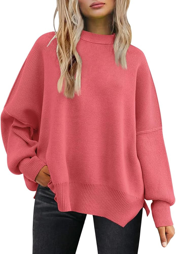 LILLUSORY Women's Oversized Batwing Sweaters 2024 Fall Outfits Crewneck Ribbed Knit Side Slit Tre... | Amazon (US)