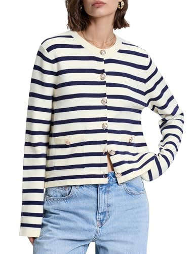 PrettyGuide Womens Striped Cropped Cardigan Sweaters Crewneck Long Sleeve Knitted Jacket Off White Navy Striped M | Amazon (US)