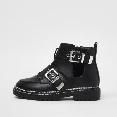 Girls black faux leather buckle boots | River Island (UK & IE)