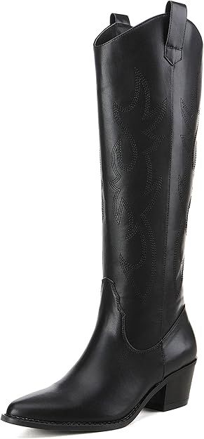 Athlefit Women's Western Embroidered Cowboy Boots Pointed Toe Chunky Heel Pull On Knee High Boots | Amazon (US)