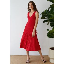 Cut Out Back Faux-Wrap Sleeveless Knitted Midi Dress in Red | Chicwish