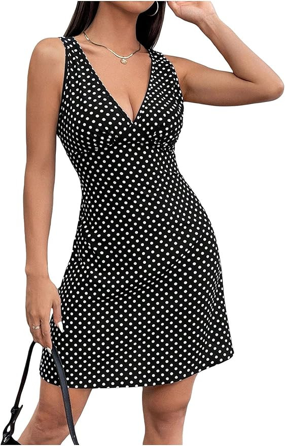 Women's Polka Dots V Neck Tank Dress Sleeveless Summer A Line Dresses Sexy Mini Dress | Amazon (US)