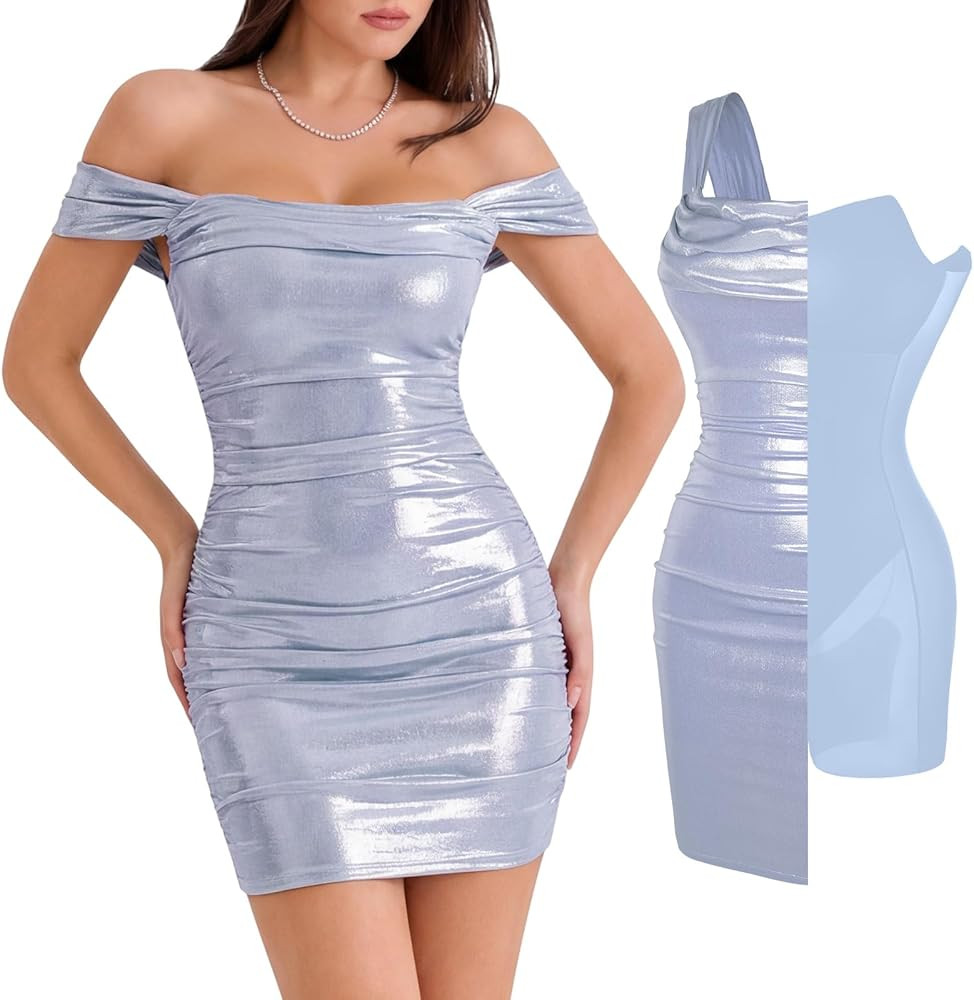 Popilush Womens Off The Shoulder Metallic Mini Cocktail Dress Ruched Bodycon Shapewear Summer Bir... | Amazon (US)