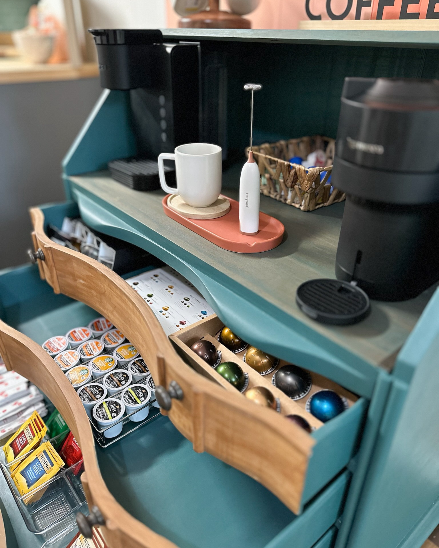 ☕️ anyone? Are you team @keurig or @nespresso? 

We had so much fun putting this coffee bar experience together for our guests! 

Stocked with a variety of choices for your daily grind or tea favorites! 

There’s also a French press for my bougie friend who travel with their own coffee! 😜☕️ #youknowwhoyouare 

We curated this amazing piece of furniture from a local artist but we are providing some fun swaps-  just about everything else on this sweet little stand is shopable 🛍️🛒 

#coffeebar #homedecor #colorfulkitchen #ltkhome #espressobar #airbnb #travel #experience #5starreview

#LTKHome #LTKSummerSales #LTKFindsUnder100