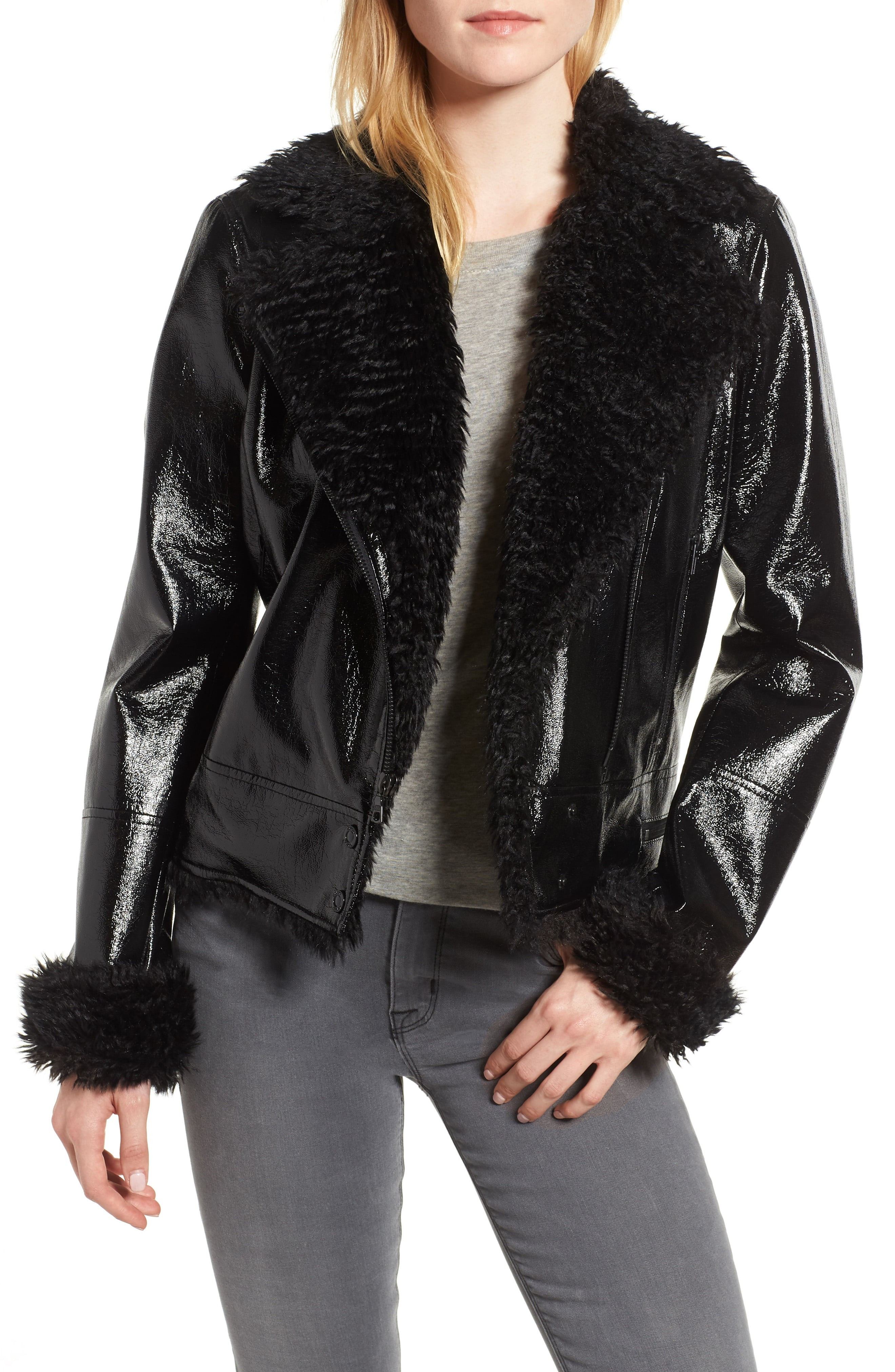 kensie Faux Patent Leather with Faux Shearling Trim Moto Jacket | Nordstrom