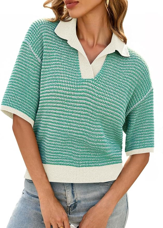 Cicy Bell Womens Striped Cropped Sweaters Tops Color Block Short Sleeve Knit V Neck Fall Casual P... | Amazon (US)