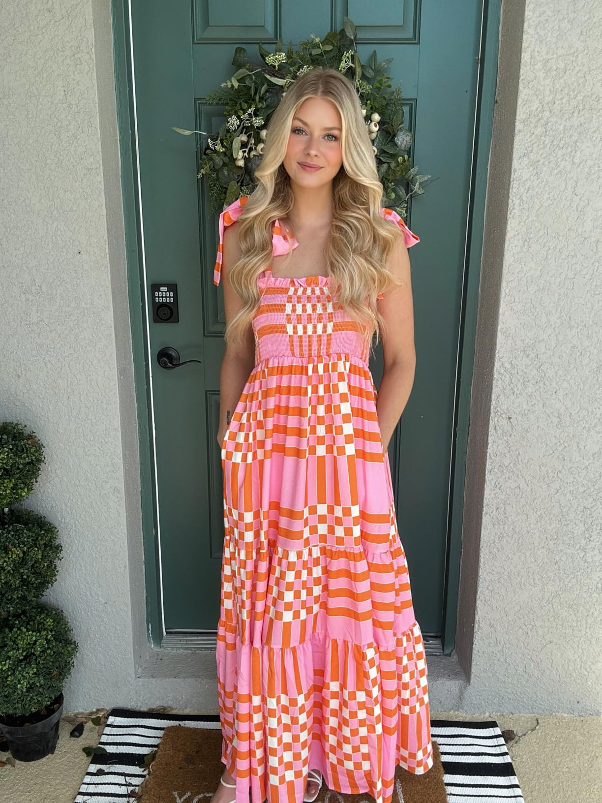 Women's Summer Maxi Dress Boho Spaghetti Straps Casual Long A-line Smocked Beach Dress Square Nec... | Amazon (US)