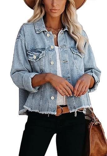 Jayscreate Women's Cropped Denim Jacket for Women Plus Size Ladies Light Ripped Mini Oversized Lightweight Short Denim Jean Jacket with Pockets | Amazon (US)