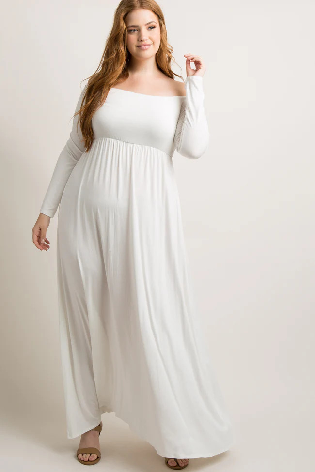PinkBlush Ivory Solid Off Shoulder Plus Maxi Dress | PinkBlush Maternity