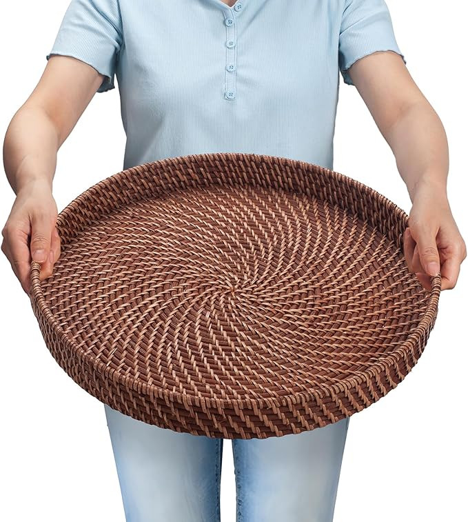 16.9 inch Rattan Tray, Round Wicker Tray with Cut-Out Handles, Woven Serving Tray for Dining/Coff... | Amazon (US)