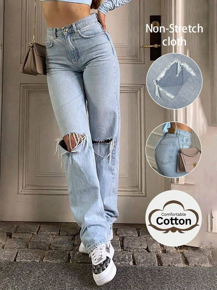 NVFelix New Fashion Distressed Pocket Straight Leg Jeans - Back To School Autumn Clothes,Blue | SHEIN