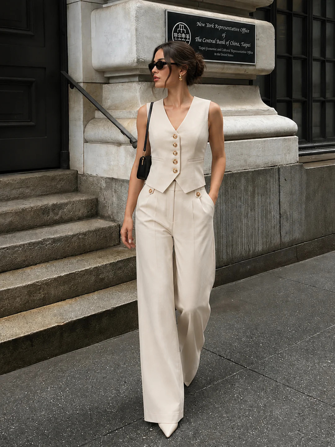 V-Neck Button Vest & Wide Leg Pants Set | Commense