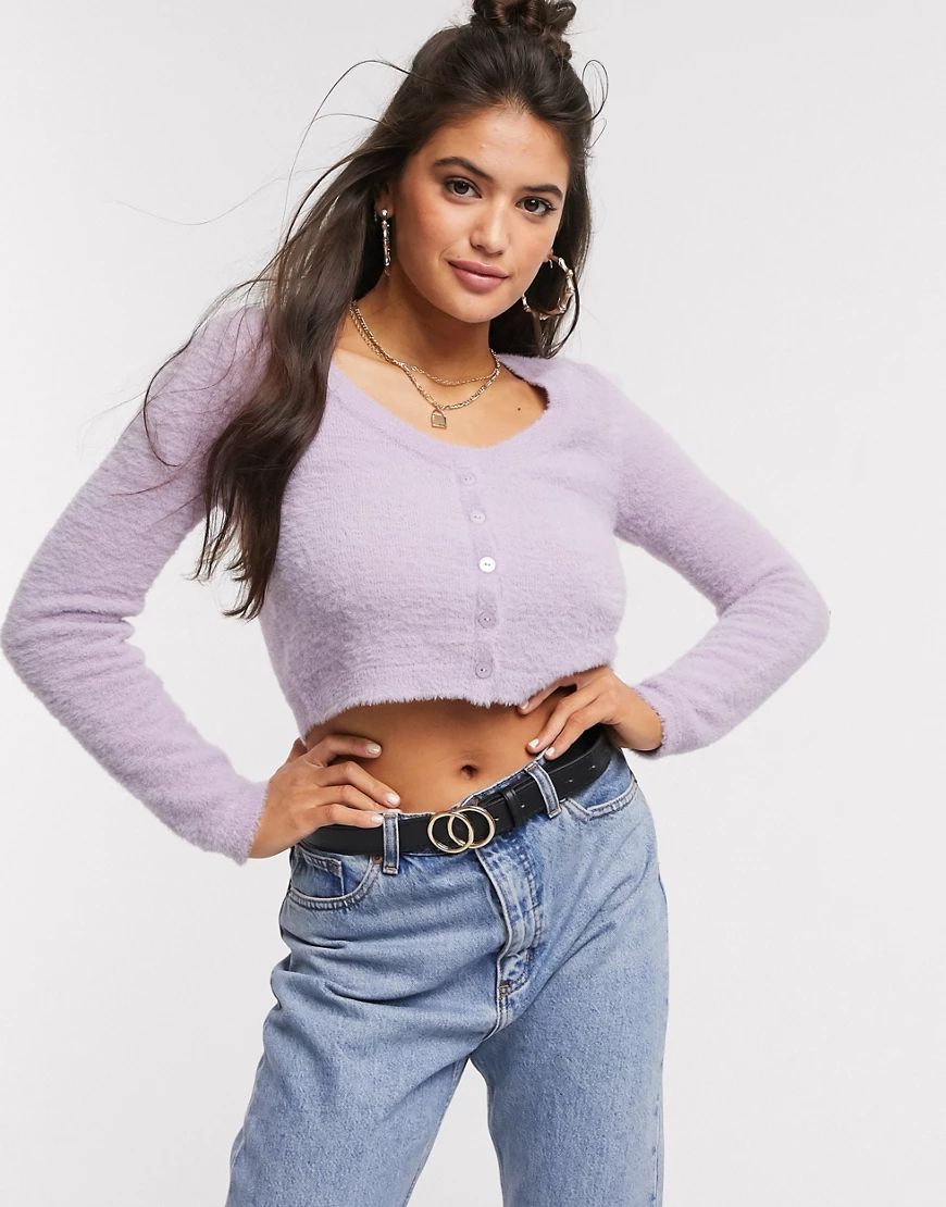 ASOS DESIGN Lounge scoop neck cropped fluffy cardigan-Purple | ASOS (Global)