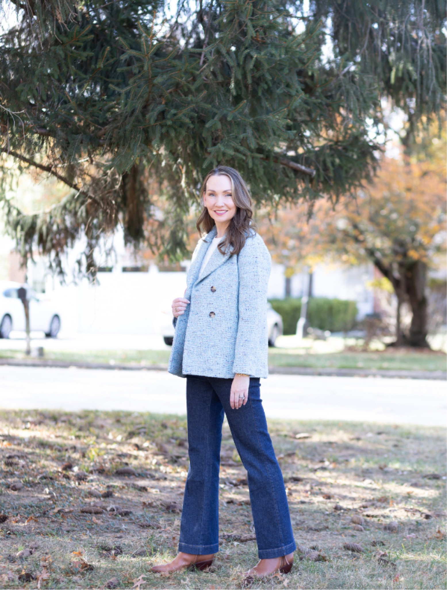 #ad The Bouclé Jacket from Talbots is a stunning piece, perfect for seasonal outings like an annual lunch with friends or a day spent browsing shops for holiday treasures. 

The timeless, textured fabric blends shades of blue in a rich weave, making it an effortless statement piece. 

It’s available in sizes XS to 3X (I’m wearing a small), and the fit is both comfortable and chic. With its classic silhouette and beautiful texture, this jacket adds just the right touch of warmth and sophistication for all your festive gatherings.

Looks amazing with your favorite denim, like these trouser cut jeans. 

@talbotsoffical  #talbots, #mytalbots #modernclassicstyle

#LTKOver40 #LTKSeasonal #LTKStyleTip