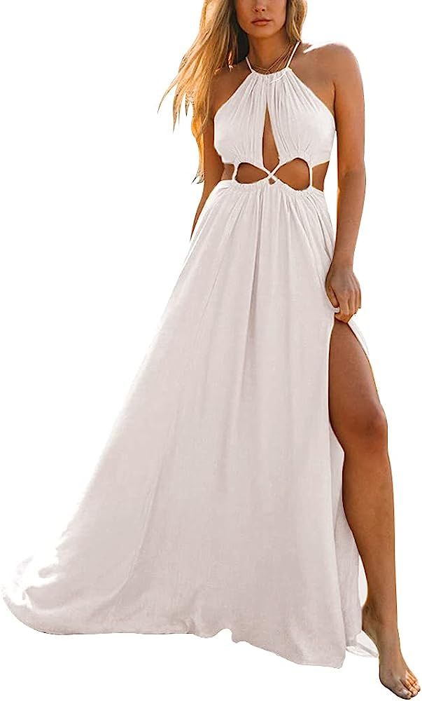 Womens Cutout Halter Tie Maxi Dress Flowy Boho Beach Summer Sexy Midi Dress Side Slit Long Dresses | Amazon (US)