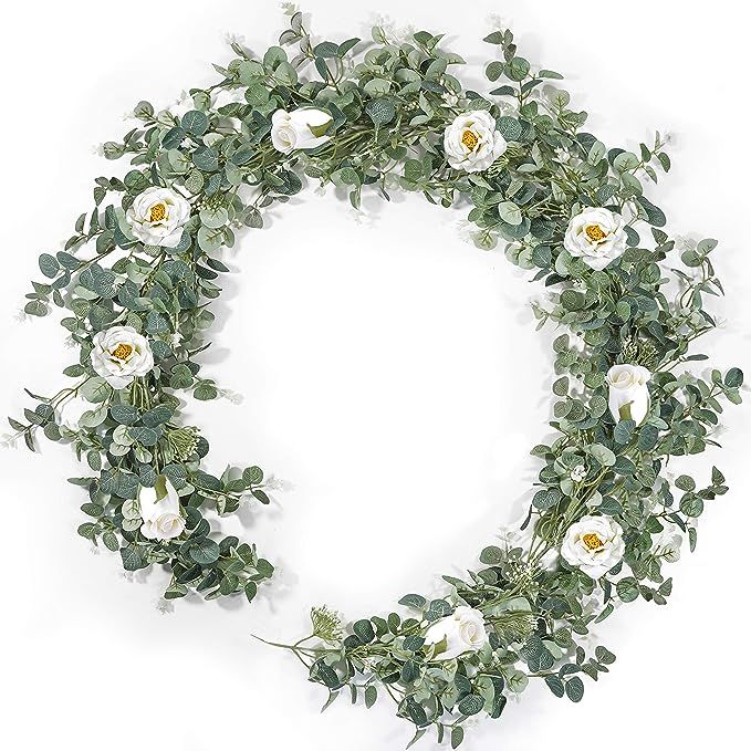 Eucalyptus-Garland with White-Roses-Artificial-Greenery-Vines for Wedding- Table Runner- Mantel &... | Amazon (US)