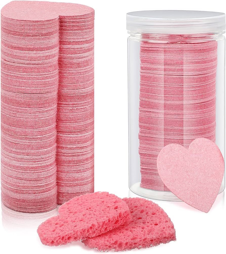 300 Pieces Compressed Facial Sponges with Containers Pink Heart Shape Makeup Sponges Reusable Exf... | Amazon (US)
