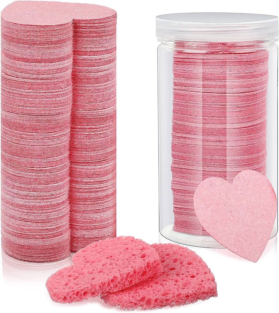 300 Pieces Compressed Facial Sponges with Containers Pink Heart Shape Makeup Sponges Reusable Exf... | Amazon (US)