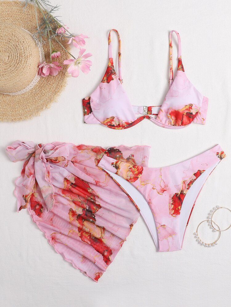 3apck Marble Print Underwire Bikini Swimsuit & Beach Skirt | SHEIN