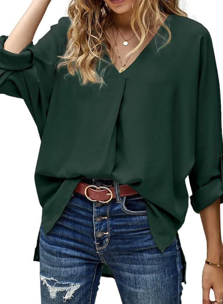 Dokotoo 2023 Womens Summer 3 4 Bell Sleeve/Short Sleeve V Neck Chiffon Tops Casual Solid Tops and Bl | Amazon (US)