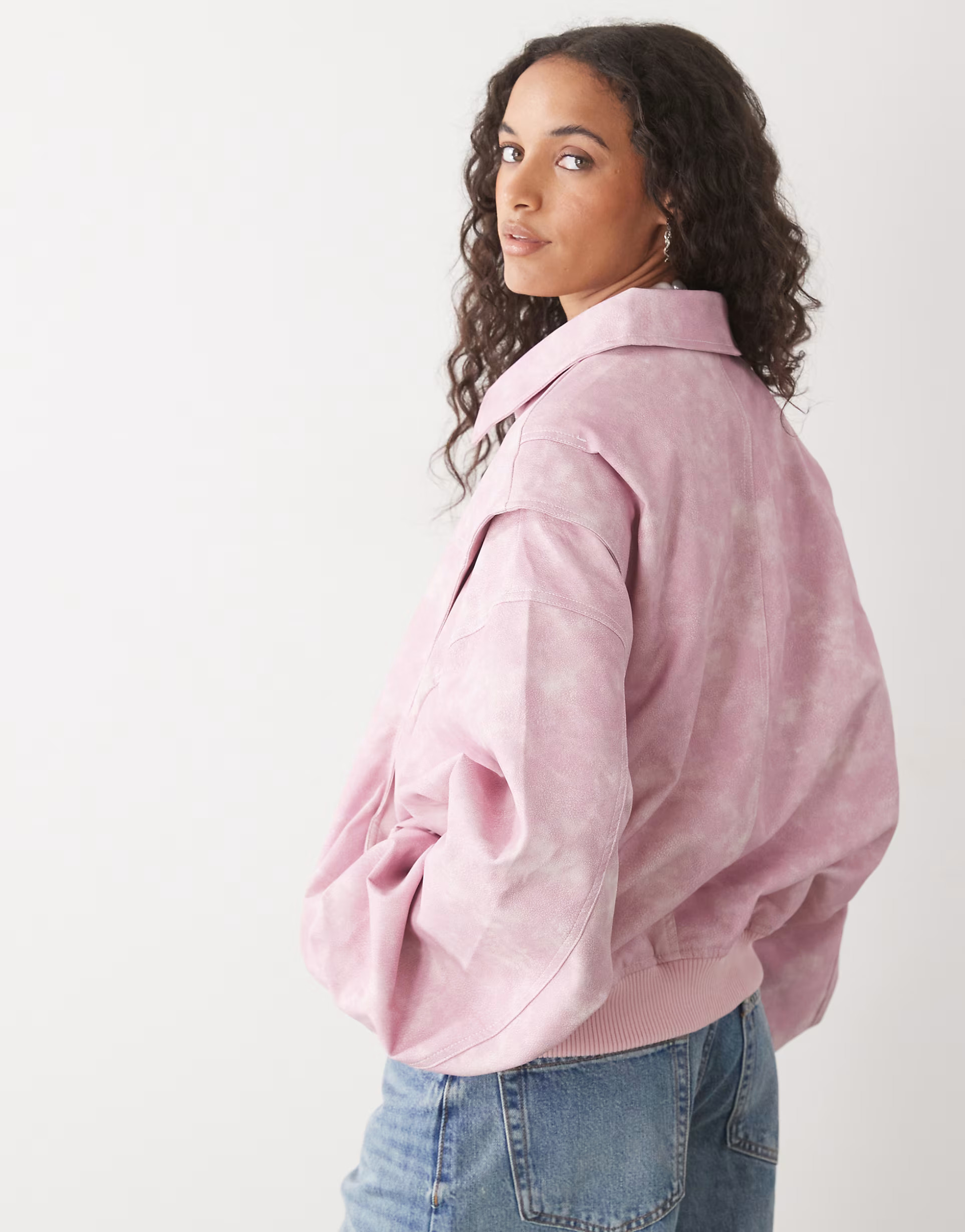 Lioness exclusive Vista leather look contrast stitch bomber jacket in pink | ASOS | ASOS (Global)
