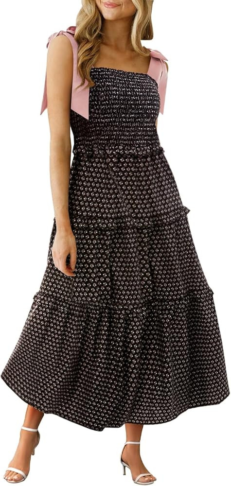 Wenrine Womens Summer Floral Maxi Dress Smocked Tie Shoulder Boho Sleeveless Ruffle Tiered Casual... | Amazon (US)