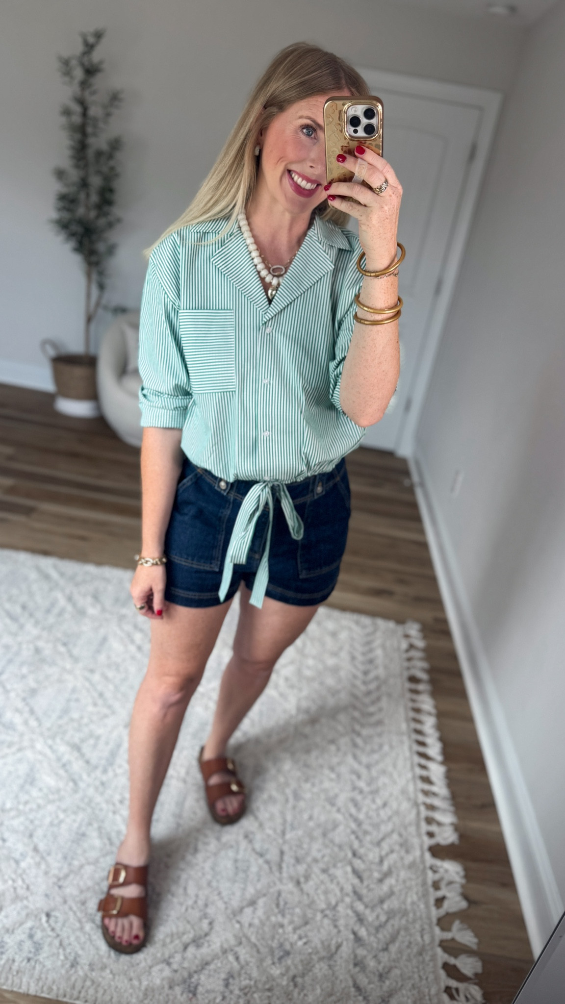 Daily try on, Walmart outfit, Walmart fashion, Walmart try on, free assembly, green stripe button down, jean shorts

#LTKootd #LTKmomlife