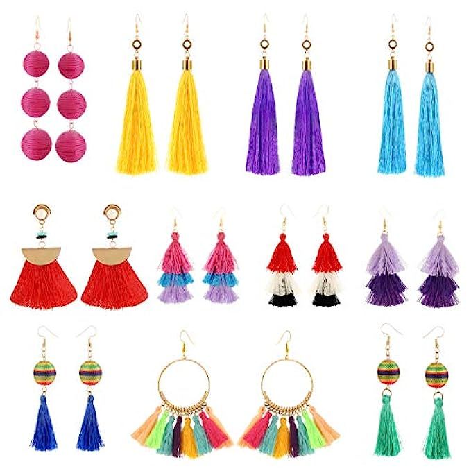 11 Pairs Colorful Long Layered Thread Ball Dangle Earrings Yellow Red Turquoise Tassel Hoop Fringe B | Amazon (US)